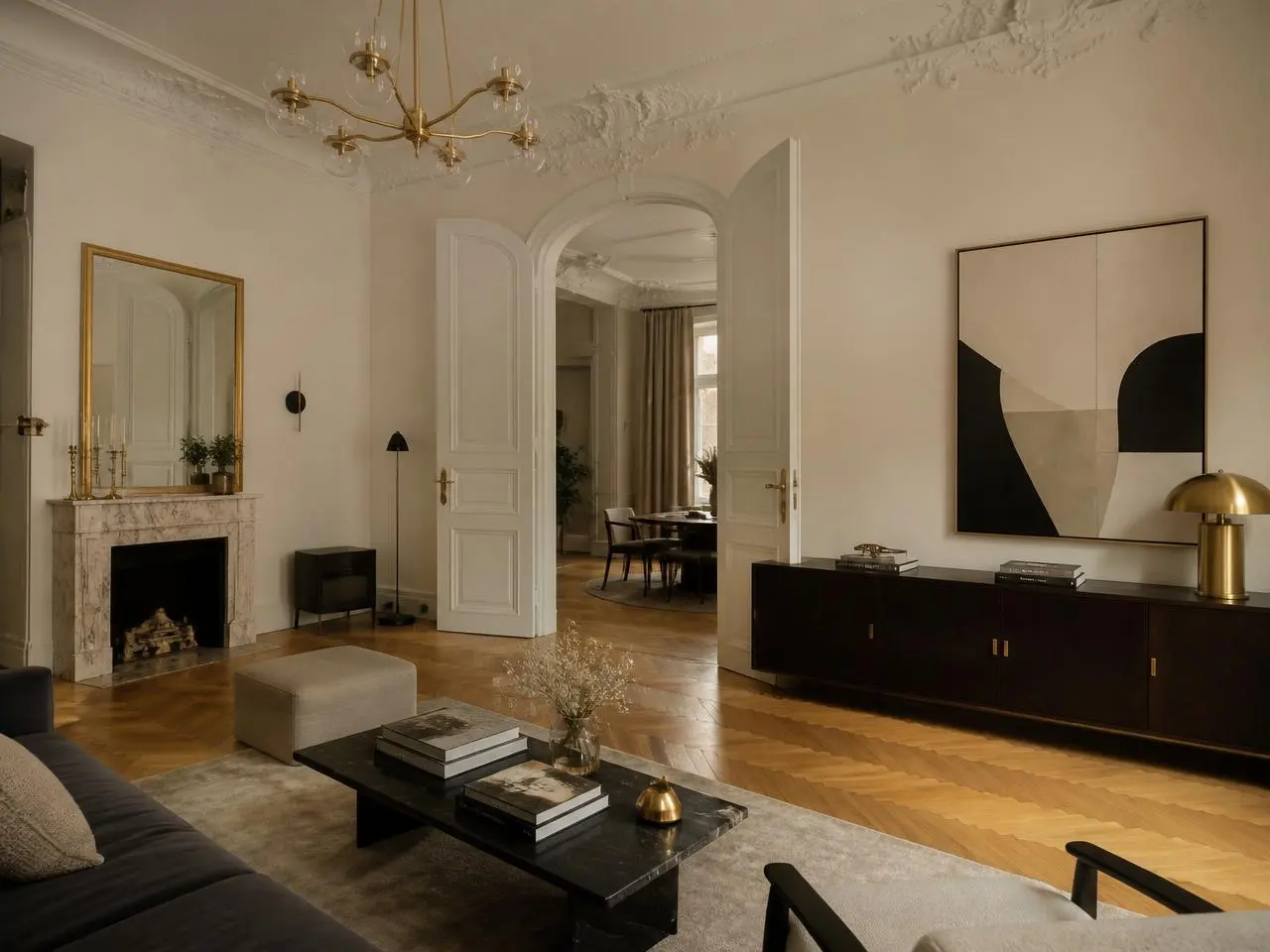 Wiener Altbau-Interieur mit Fischgrätparkett, Stuckdecke und Messing, eingerichtet auf Hotelstandard